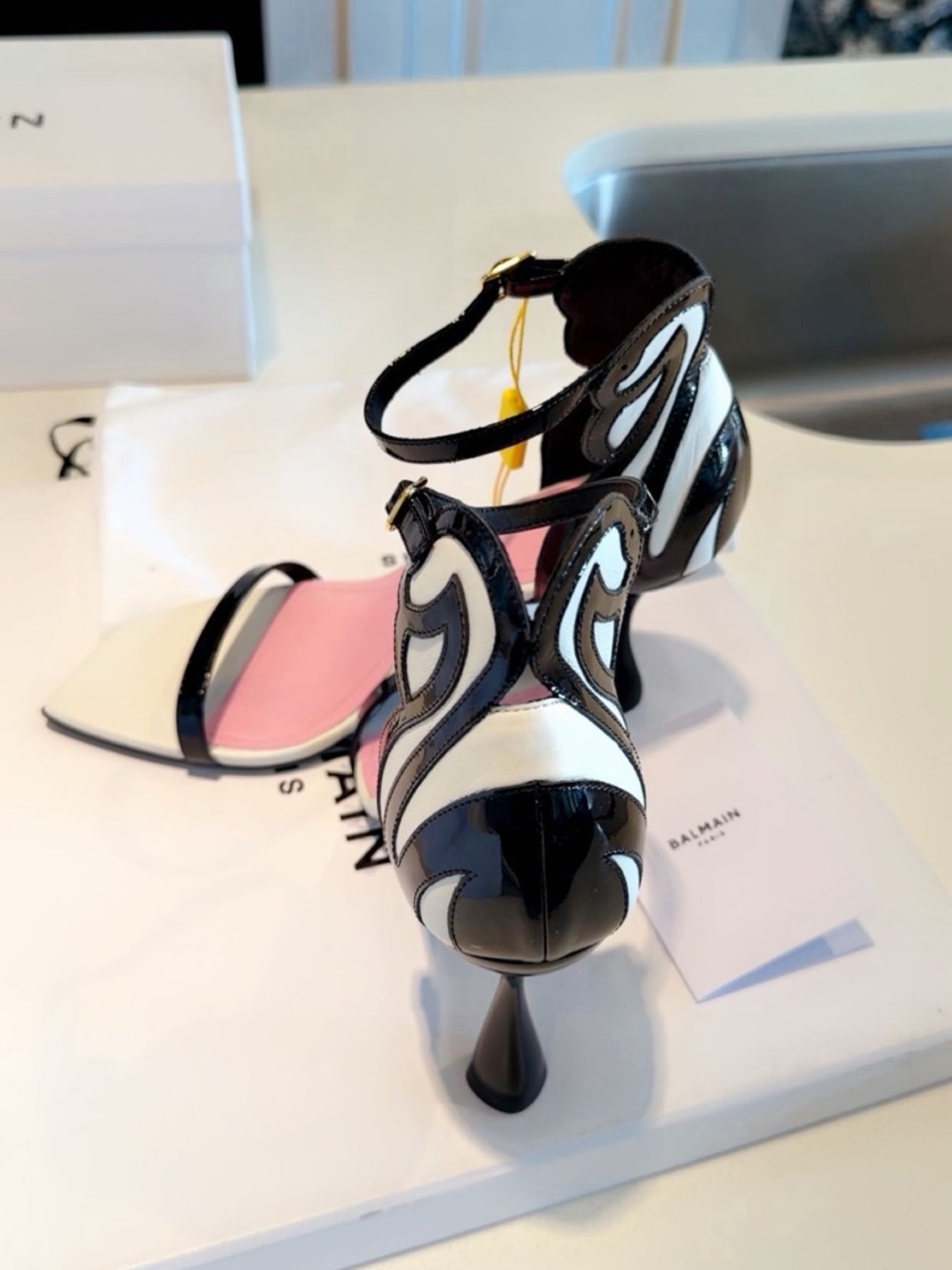Black & White Sculpted Heel Sandals with Pink Insole - Picture 7 of 7